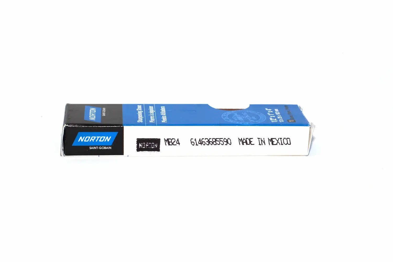 Norton India 102mm medium oilstone MB24 in a box showing part number and dimensions