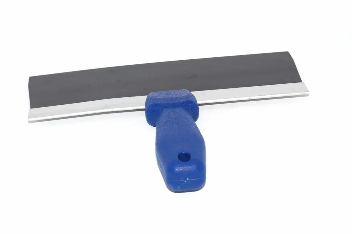 Marshalltown 10" Drywall Taping Knife, blue handle and blued steel blade with rigid aluminium backing by Cherry Tree Tools.