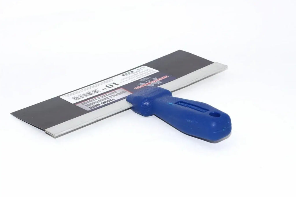 Marshalltown 10" drywall taping knife from Cherry Tree Tools with a blue handle, flexible blued steel blade and rigid