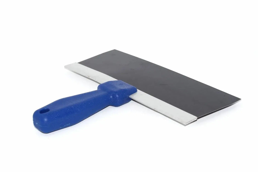 Marshalltown 10" drywall taping knife from Cherry Tree Tools with blue moulded plastic handle and flexible blued steel blade