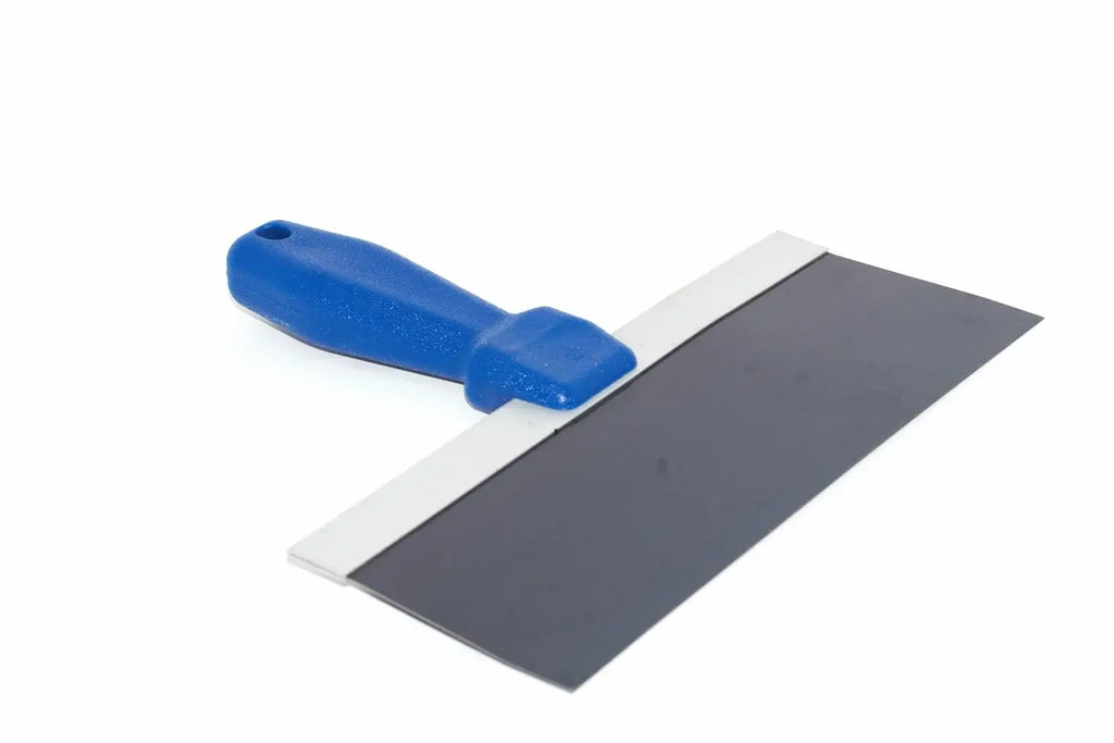 Marshalltown 10" drywall taping knife from Cherry Tree Tools with a blue moulded plastic handle and flexible blued steel blade