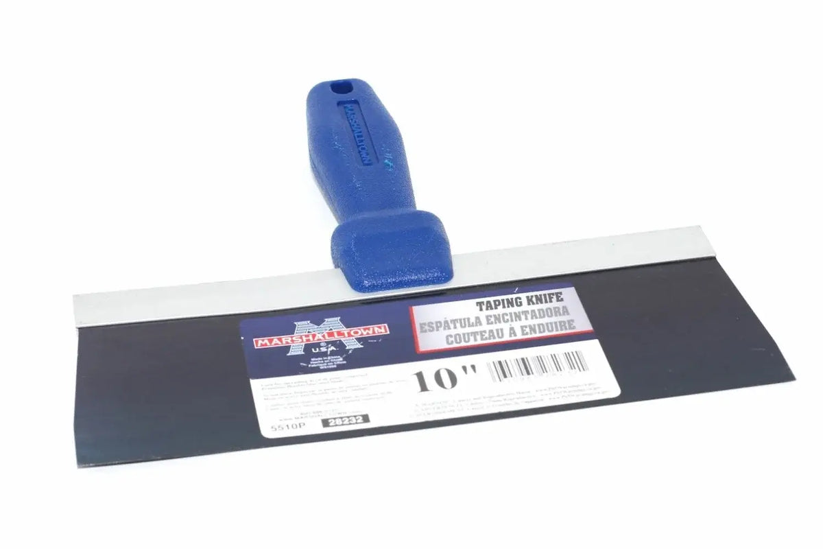 Marshalltown 10" drywall taping knife from Cherry Tree Tools with a blue moulded plastic handle and flexible blued steel blade.