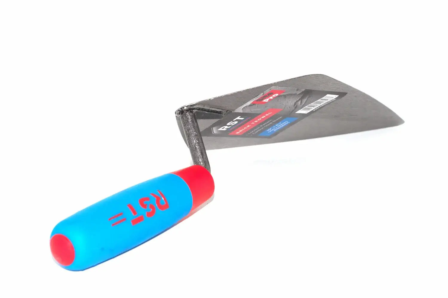 RST London pattern Brick Trowel 10" tool with a bright blue and red handle and a dark grey metal blade, shown on a plain white background with its retail packaging still attached.