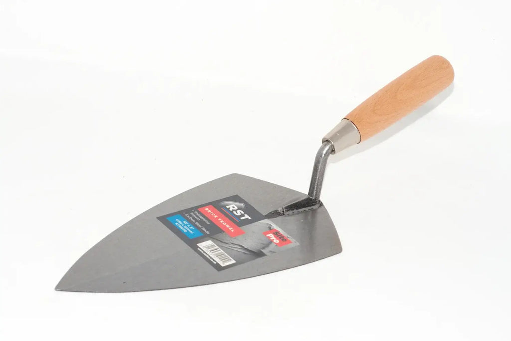 RST 10" Brick Trowel Philadelphia pattern metal tool with a light brown wooden handle, shown on a plain white background with its retail packaging label attached to the blade.