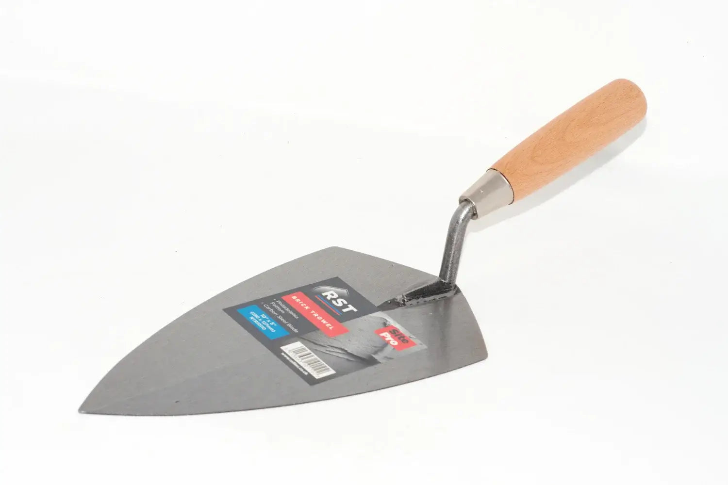 RST 10" Brick Trowel Philadelphia pattern metal tool with a light brown wooden handle, shown on a plain white background with its retail packaging label attached to the blade.