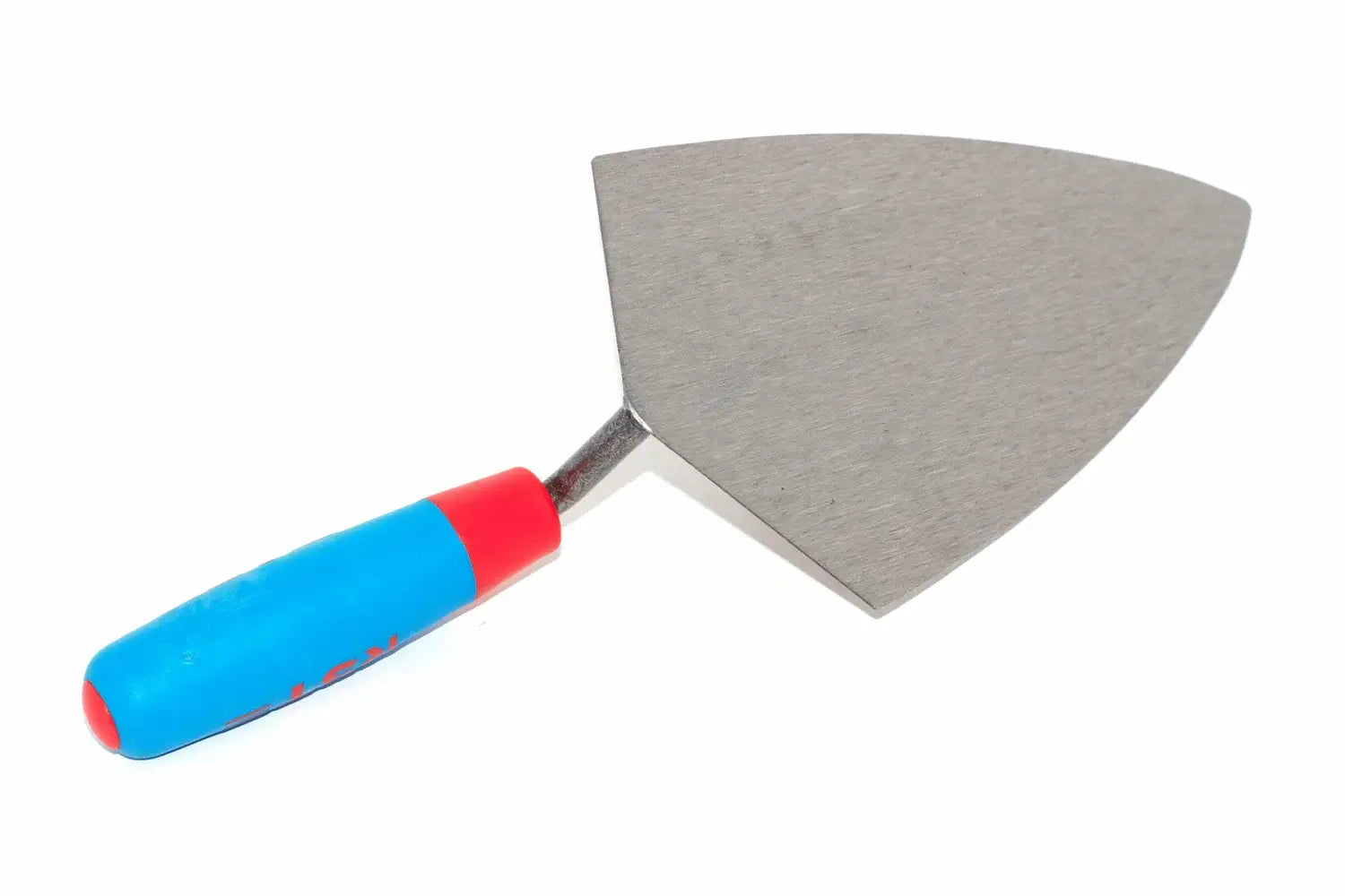 RST 11" Brick Trowel Philadelphia Pattern , a carbon steel trowel with a triangular steel blade and a soft grip handle featuring blue, red, and a steel tang, shown on a plain white background.