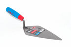 RST London Pattern Brick Trowel 10" with a grey metal blade and a handle featuring a blue upper section and a red lower grip section. The blade has a retail paper label attached, and the handle and blade both show the brand name 'RST'.