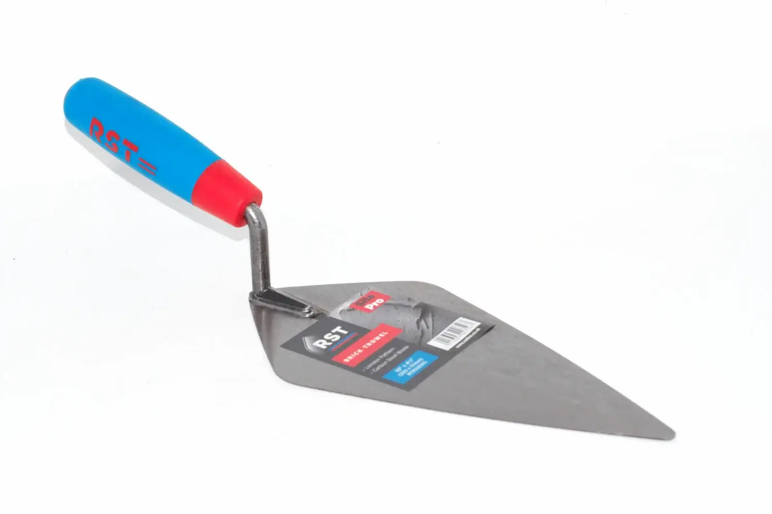 RST London Pattern Brick Trowel 10" with a grey metal blade and a handle featuring a blue upper section and a red lower grip section. The blade has a retail paper label attached, and the handle and blade both show the brand name 'RST'.