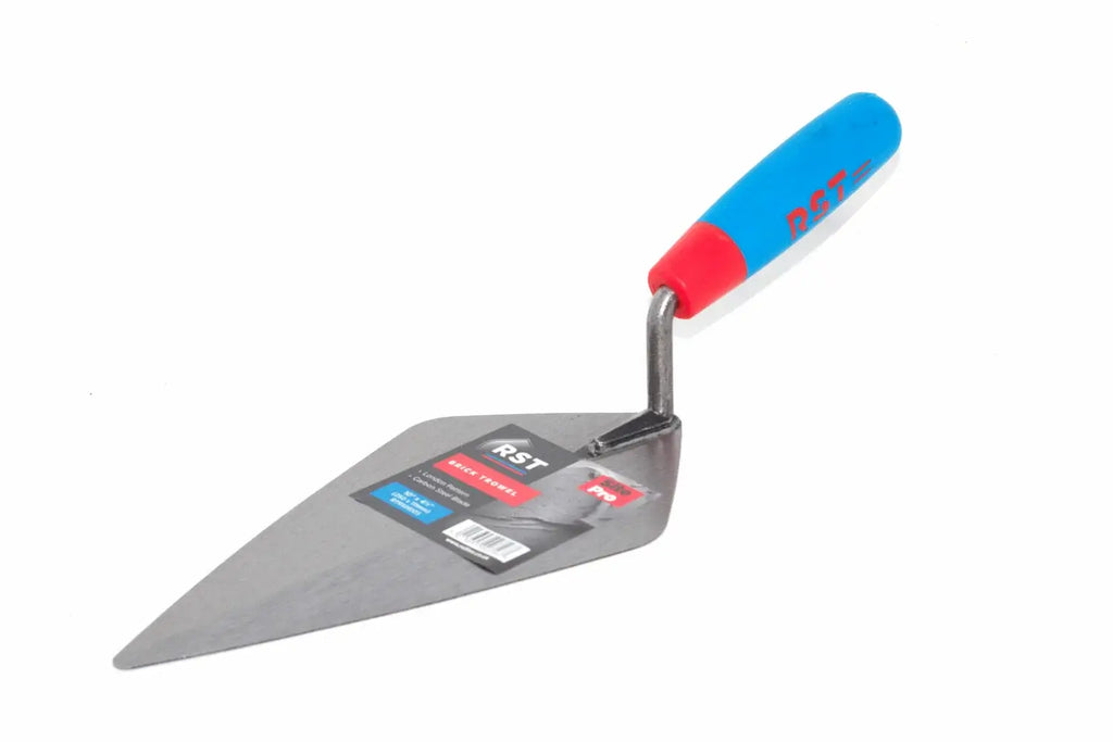 RST London Pattern Brick trowel 10" with the brand and barcode label on the blade, a steel tang and a soft grip handle