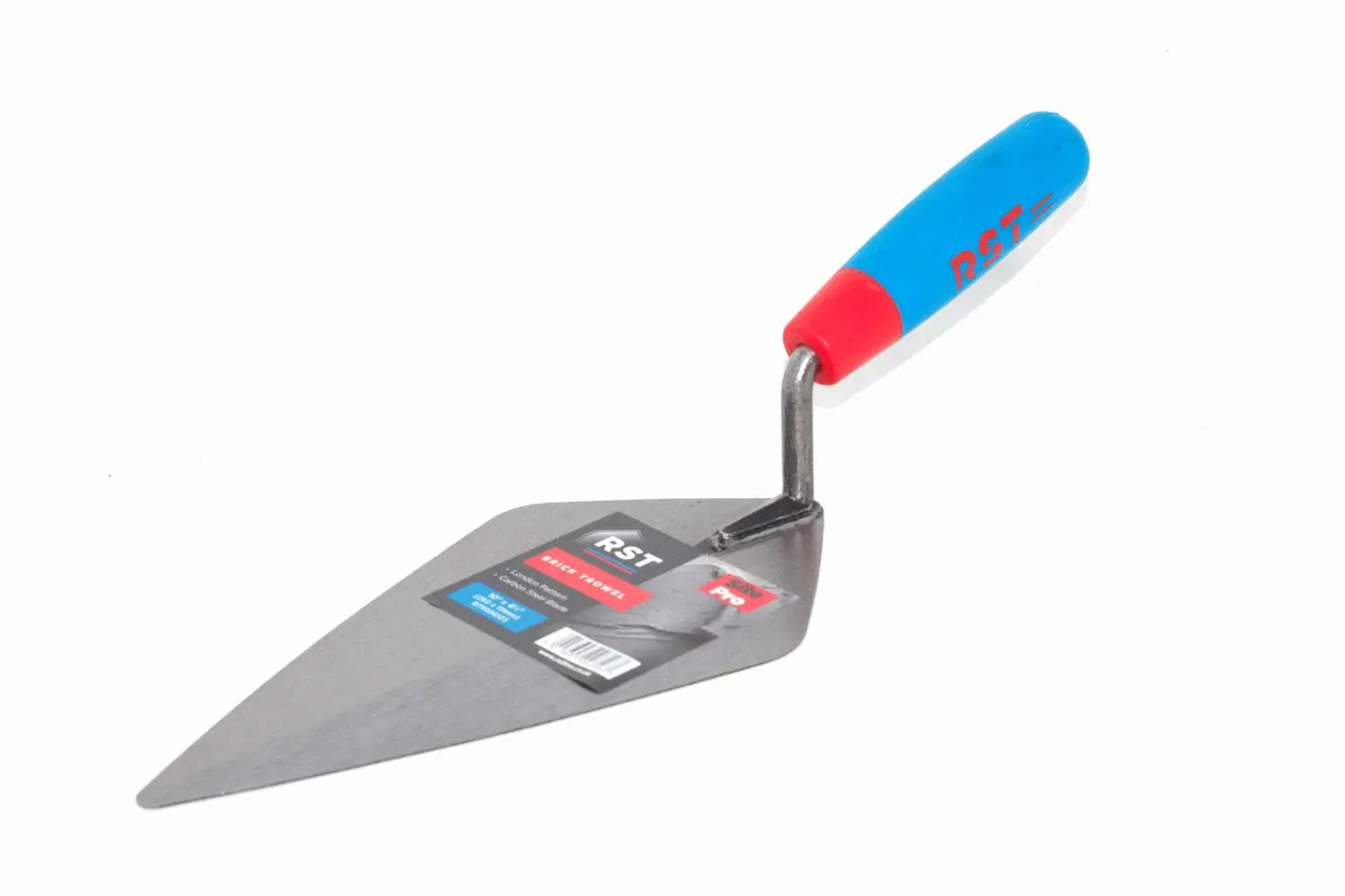 RST London Pattern Brick trowel 10" with the brand and barcode label on the blade, a steel tang and a soft grip handle
