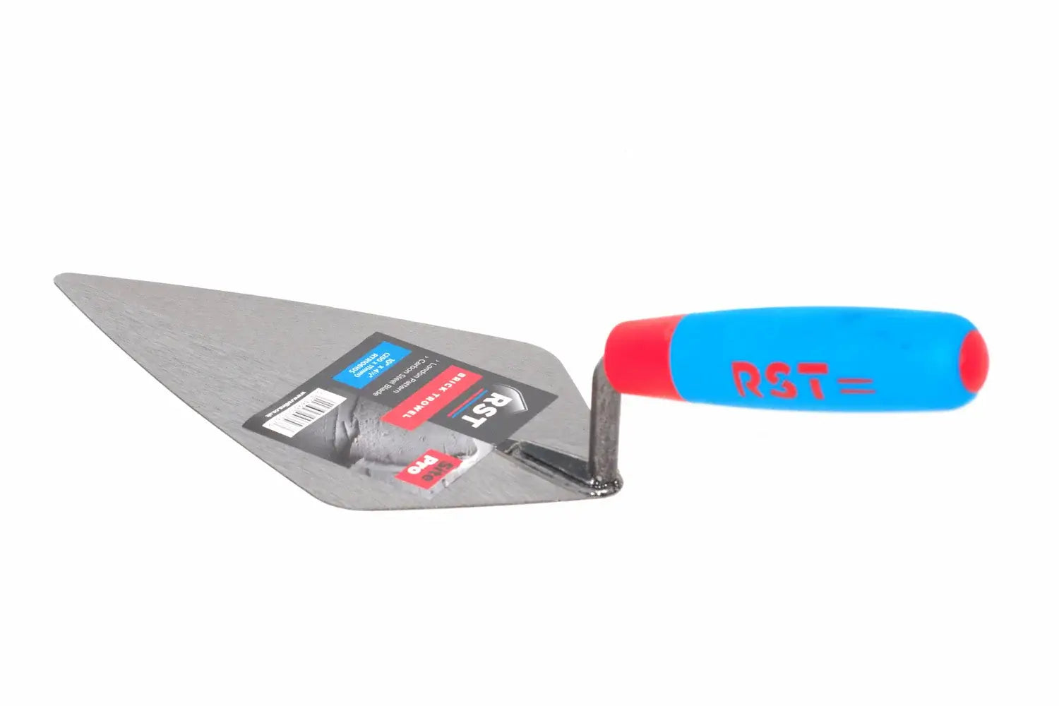 RST London Pattern Brick trowel 10" with RST logo in red on the blue handle. label and barcode on the flat steel blade