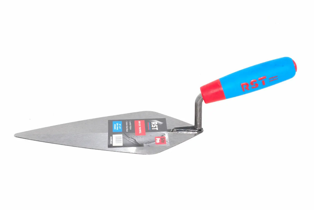 RST London Pattern Brick Trowel 10" with a blue and red ergonomic handle, shown on a plain white background with its retail packaging still attached.