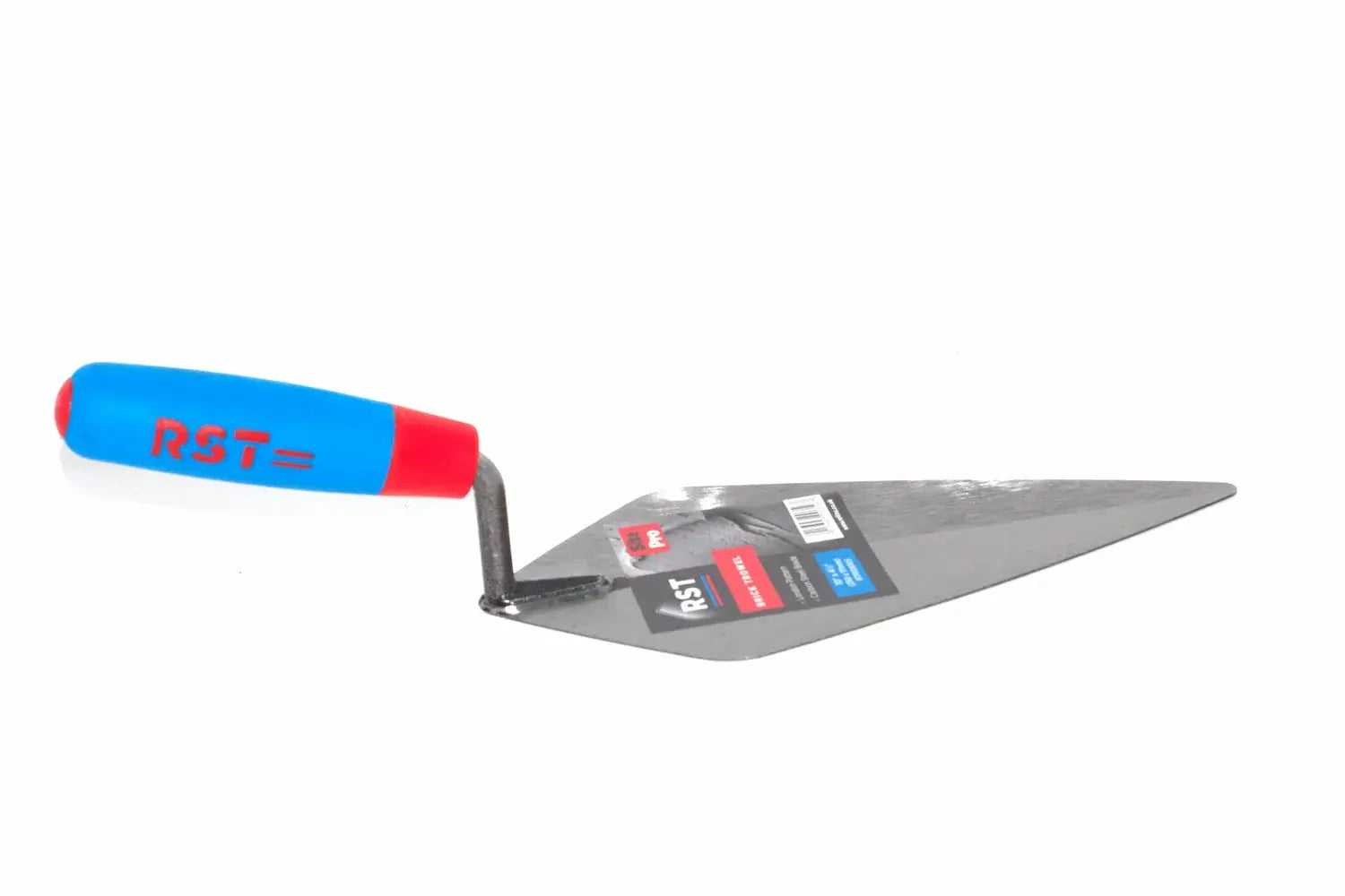 A RST London pattern Brick Trowel 10" branded tool with a blue and red soft grip handle and a silver metal tang and blade, shown on a plain white background .