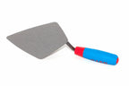 RST London Pattern Brick Trowel 10" - A metal bricklaying trowel with a blue and red textured handle, shown on a plain white background.