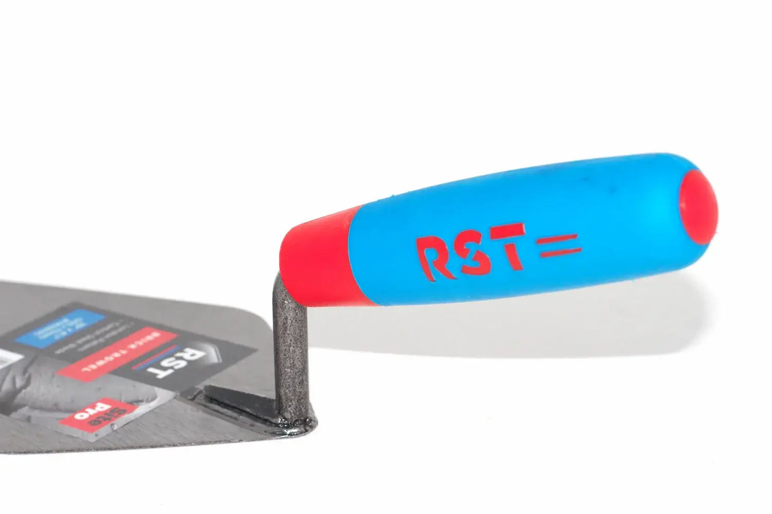 RST London pattern Brick trowel 10" -  close-up of a trowel with a bright blue and red handle featuring the red RST logo, shown against a clean white background.