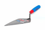 RST London Pattern Brick Trowel 10" metal tool with a blue and red ergonomic handle, shown on a plain white background. The brand name 'RST' is visible on both the handle and the blade label.