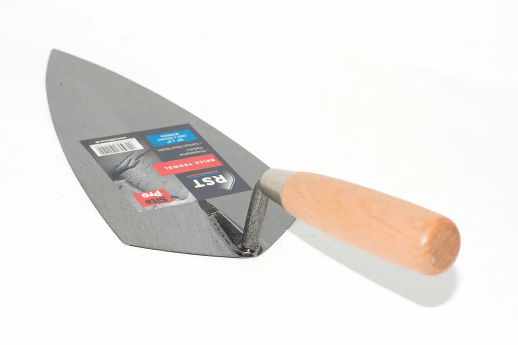RST 10" brick trowel philadelphia pattern with a light brown coloured hard wood ergonomic handle and carbon steel blade