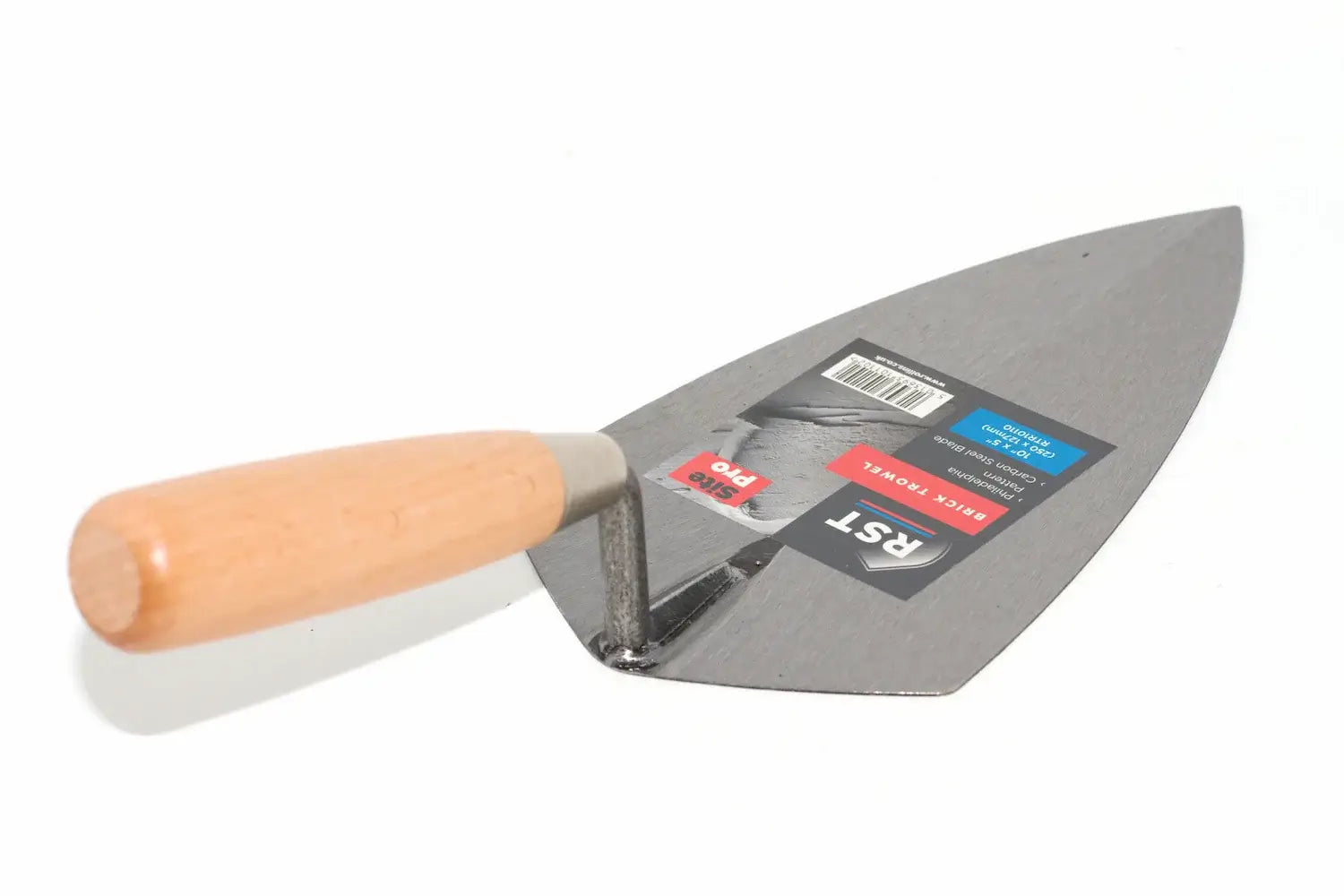 RST 10" Brick Trowel philadelphia pattern with a light-coloured wooden handle and a silver metal blade, shown with its retail packaging label on a plain white background.
