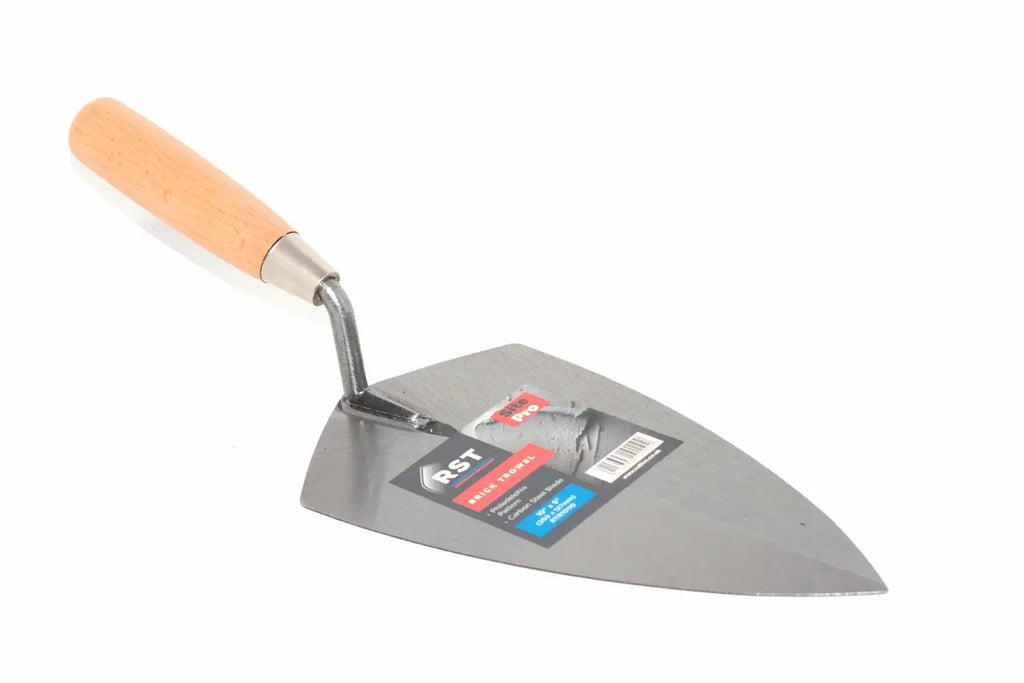 RST 10" Brick Trowel philadelphia pattern A metal trowel with a light wood handle and a retail label attached to the blade, photographed on a plain white background.