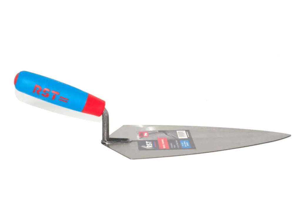 RST 11" Brick Trowel Philadelphia Pattern flat view with carbon steel blade and ergonomic soft feel handle. RST logo on handle 