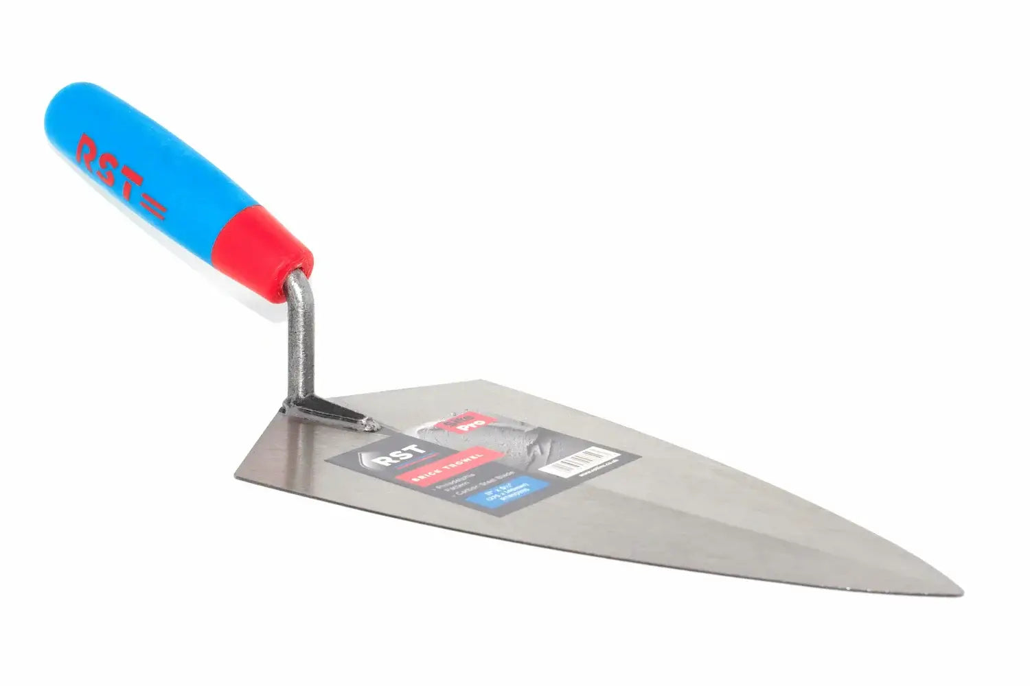 RST 11" Brick Trowel Philadelphia Pattern trowel with a blue and red handle, featuring the brand name 'RST' printed on the handle and a matching product label still attached to the blade, set against a plain white background.