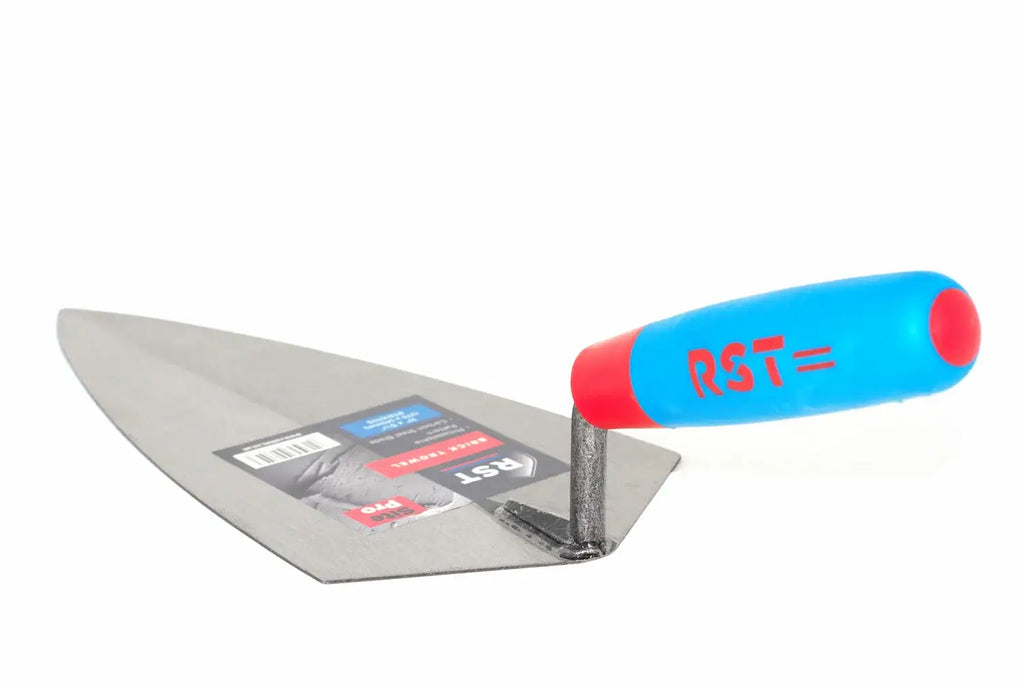 RST 11" Brick trowel Philadelphia  Pattern with a bright blue and red plastic handle, featuring the brand name 'RST' printed in red on the handle. The product is shown with its retail paper label attached, set against a plain white background.