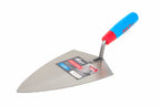 RST 11" brick trowel Philadelphia pattern A metal trowel with a blue and red handle, featuring a paper label attached to the blade, photographed on a solid white background.