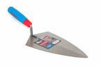  RST 11" Brick Trowel Philidelphia pattern with a triangular steel blade and a blue, red, and grey ergonomic handle, shown on a plain white background with its retail packaging label attached.