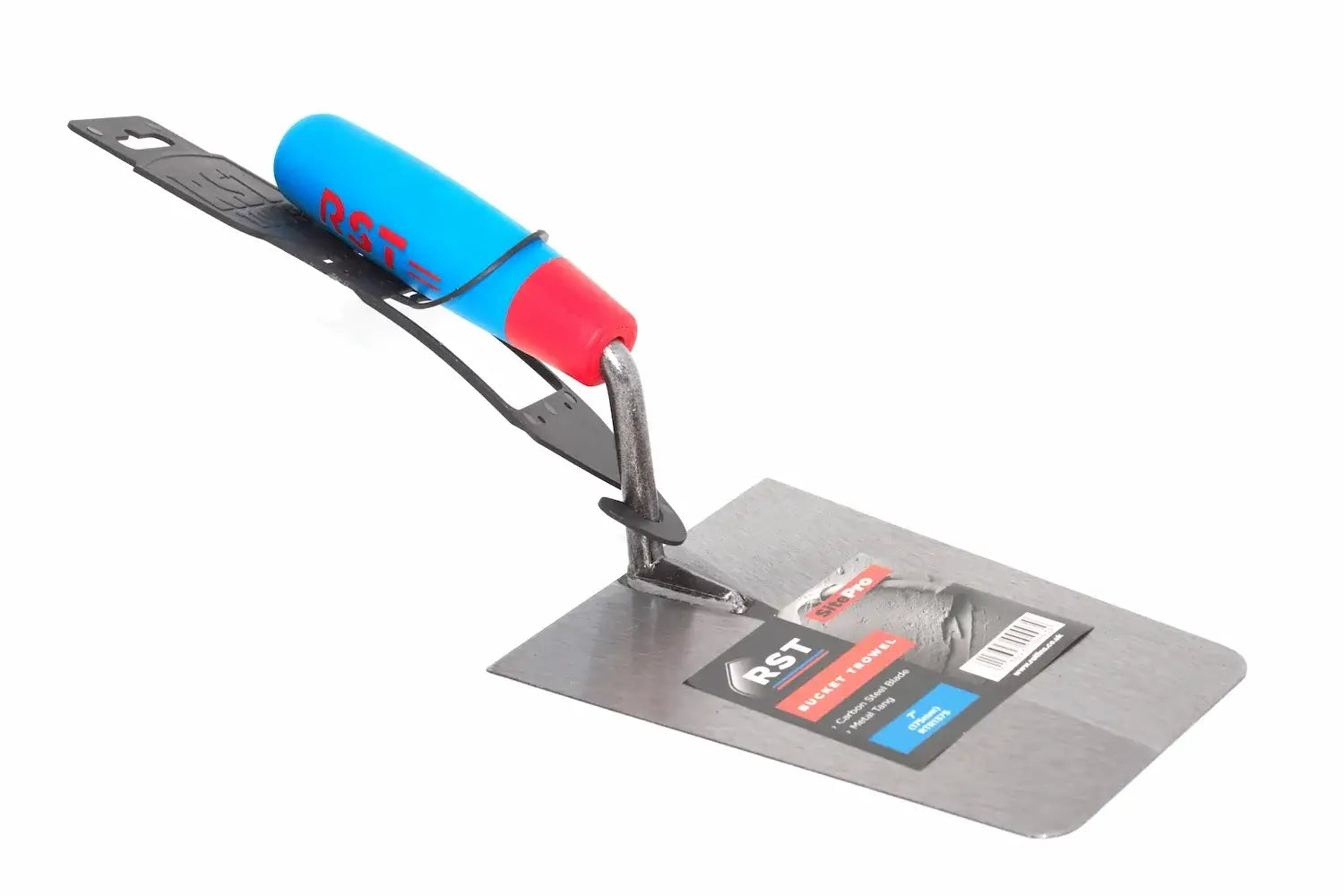RST Bucket Trowel 7 inch carbon steel blade by Cherry Tree Tools with blue and red handle
