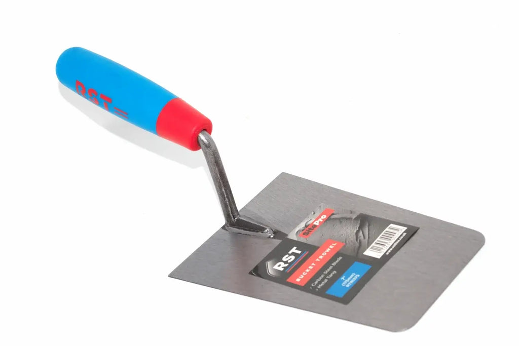 RST Bucket Trowel 7 inch carbon steel blade with Cherry Tree Tools blue and red soft feel handle