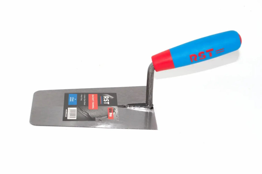 RST Bucket Trowel 7 inch carbon steel blade for masonry and plastering, with soft feel handle