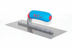 RST 11" finishing trowel- plastering trowel with a rectangular steel blade and a bright blue ergonomic soft grip handle featuring red accents and the brand name 'RST'.