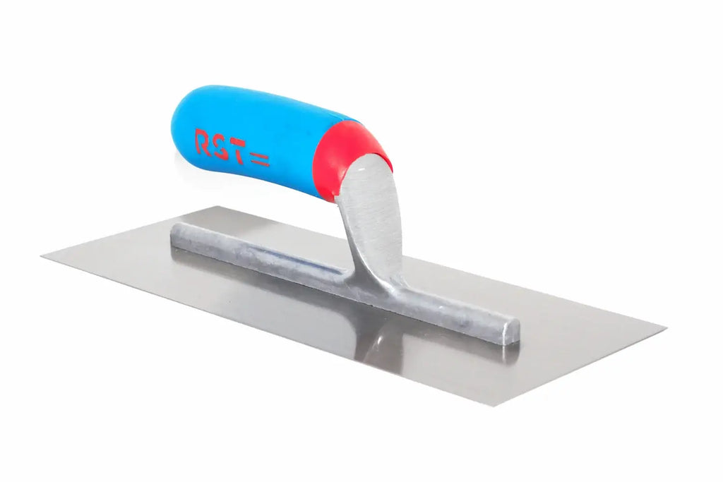 RST 11" finishing trowel - A metal float with a rectangular steel blade and a blue and red ergonomic handle, featuring the RST logo, shown on a plain white background.