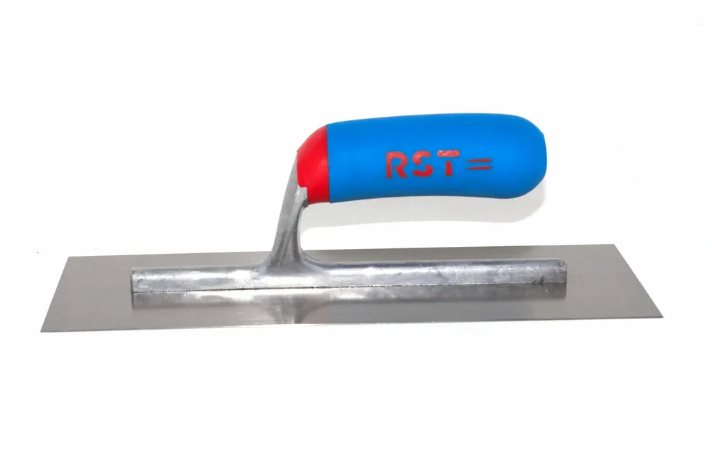 RST 11" finishing trowel -  plastering trowel with a rectangular steel blade and a blue and red handle featuring the red 'RST' logo, shown on a plain white background.