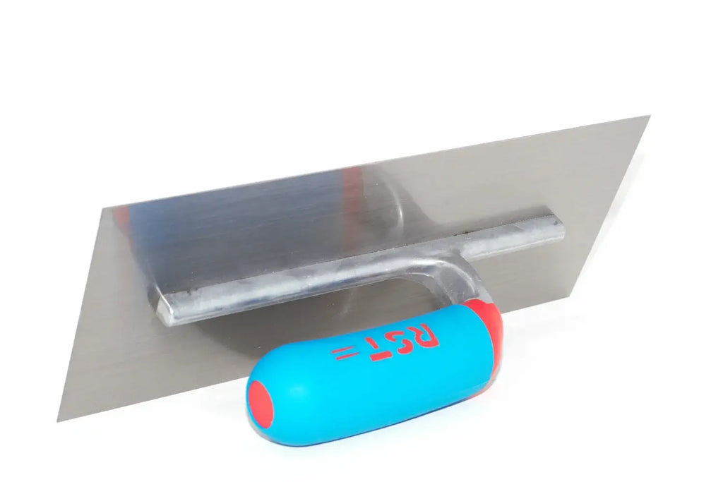 RST 11" finishing trowel with a steel rectangular base and a blue rubber and plastic handle