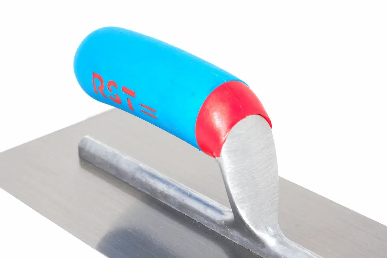 RST 11" finishing trowel Close-up of a trowel with a bright blue and red handle and a silver metal blade, showing the RST logo on the handle against a white background. 