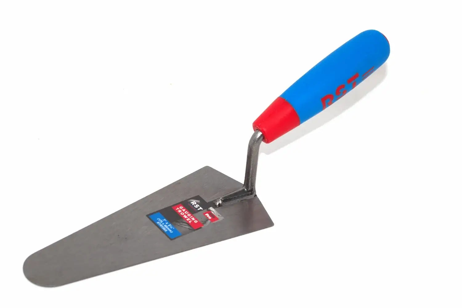 RST 7" Gauging Trowel soft feel handle in carbon steel with rounded blade tip, blue and red