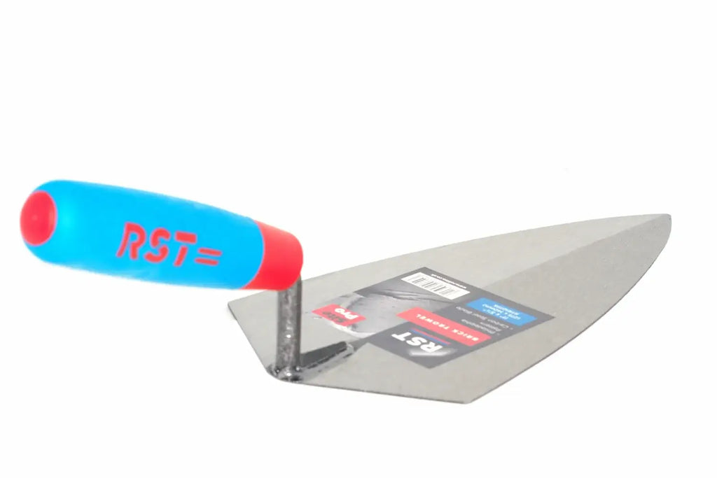 RST 11" brick trowel with a bright blue and red handle, featuring the red 'RST' brand logo, shown on a plain white background with its retail packaging tag still attached.