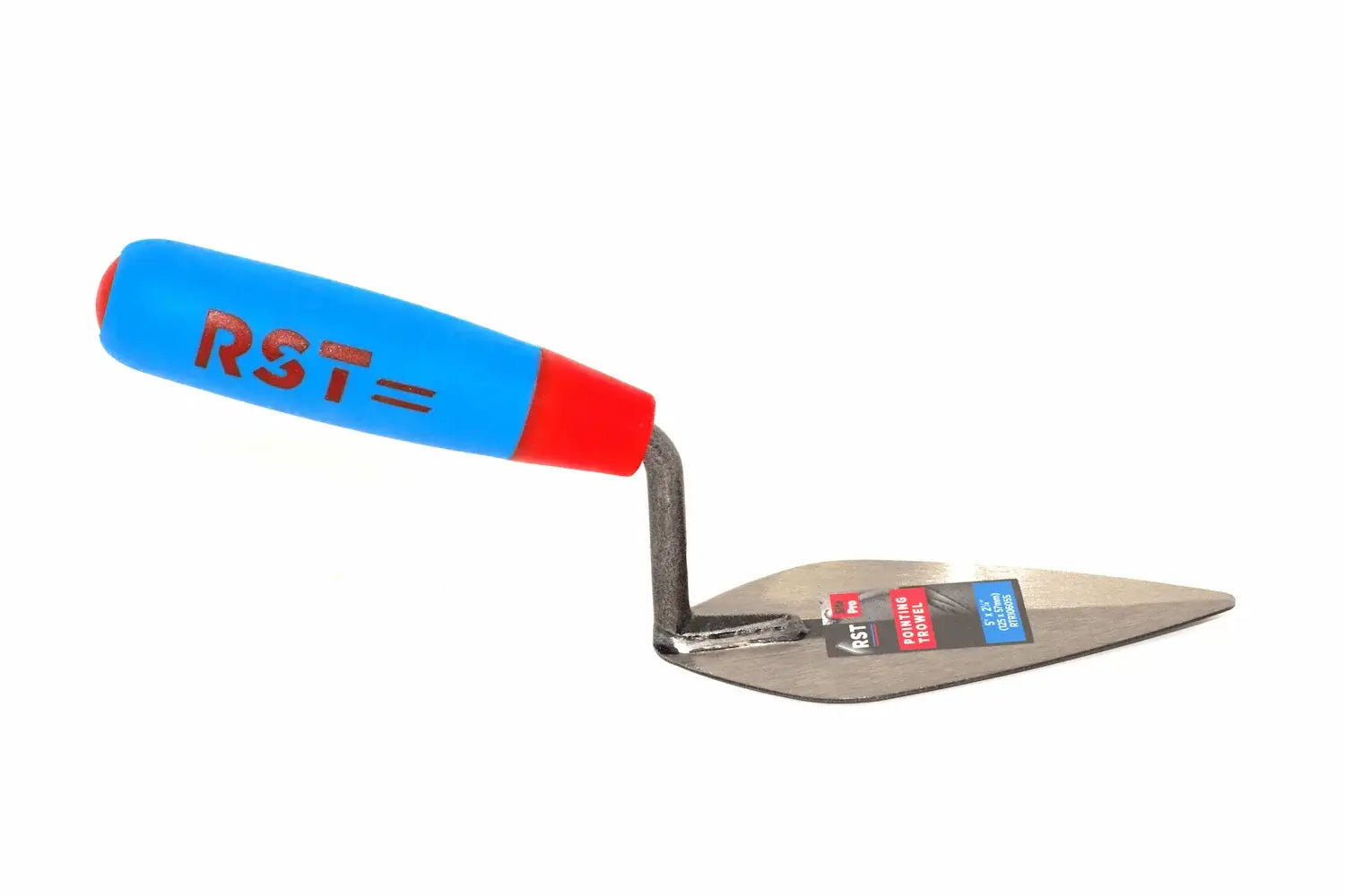 RST pointing trowel 5" London pattern hand tool with a bright blue and red handle and a silver metal blade, featuring the brand name 'RST' printed on the handle.