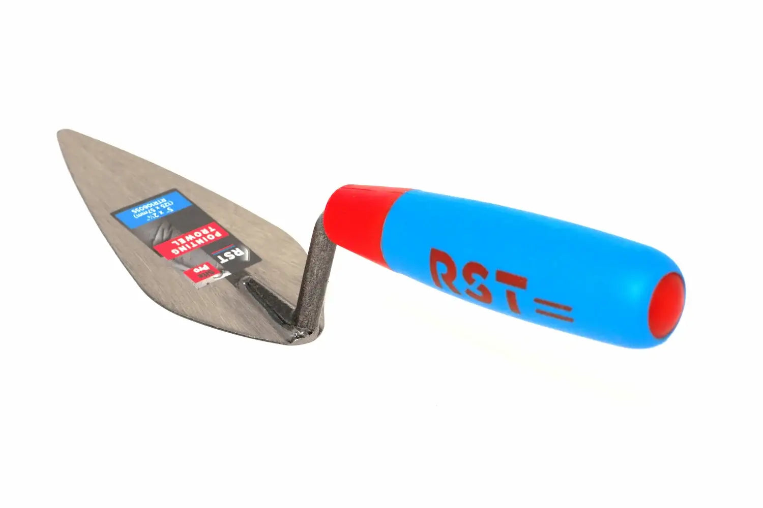  RST pointing trowel 5" London pattern brand hand trowel with a grey metal blade, a red and blue plastic soft feel handle, and a product tag  attached, shown on a plain white background.