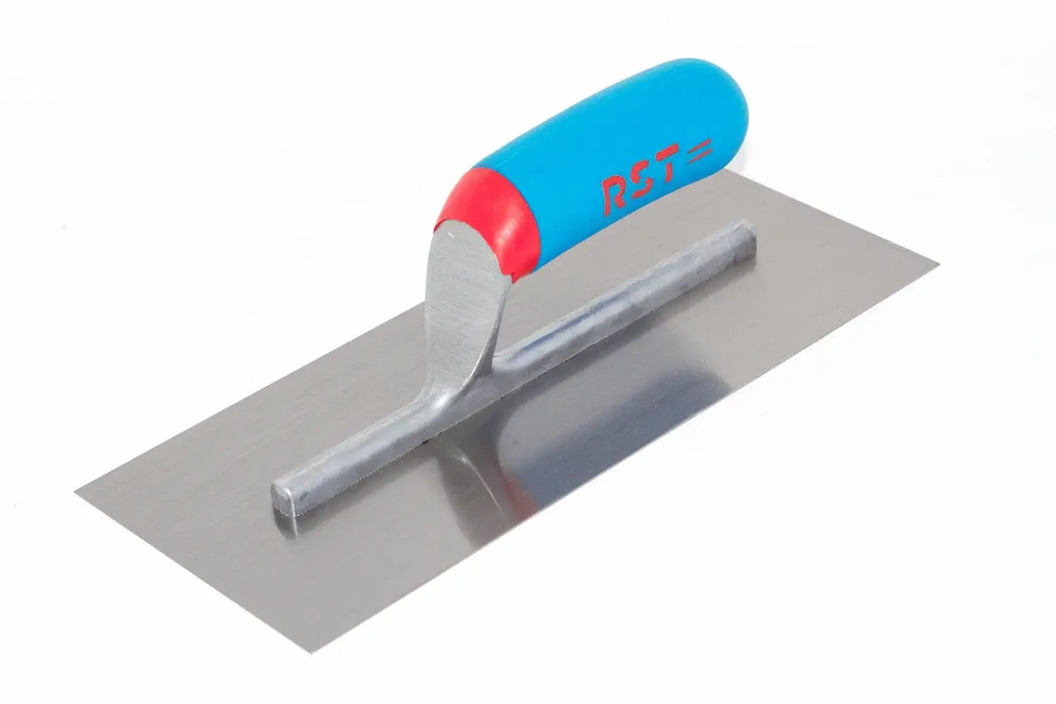 RST 11" finishing trowel-a  metal trowel with a rectangular steel blade and a blue and red handle, shown on a plain white background.