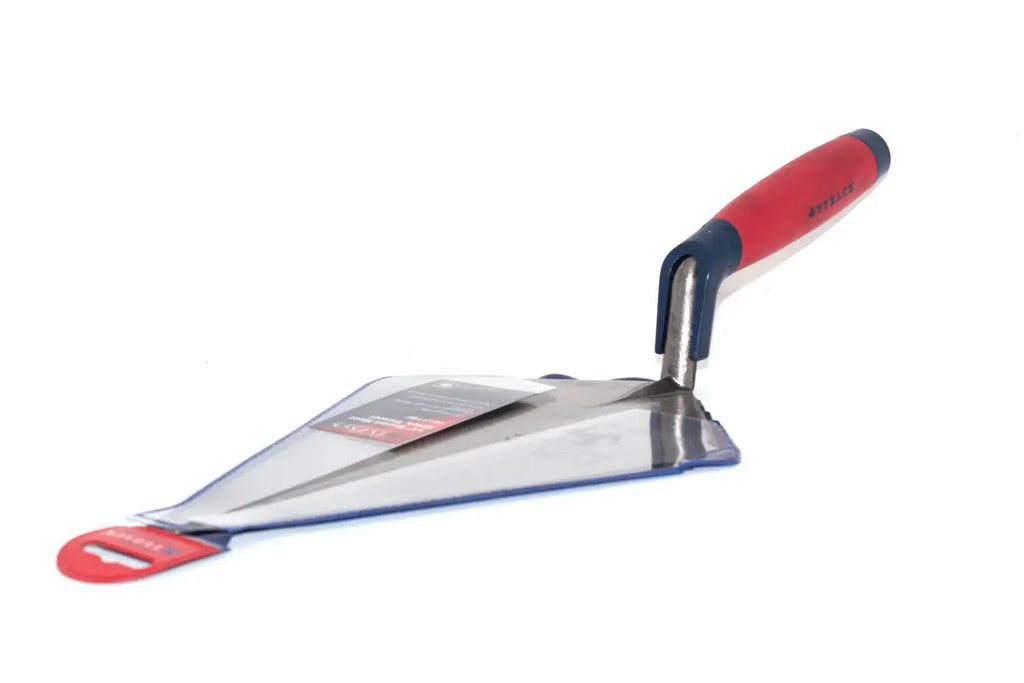 Spear & Jackson Tyzack Brick Trowel A metal trowel with a red and navy blue handle, shown in its retail blister packaging against a white background.