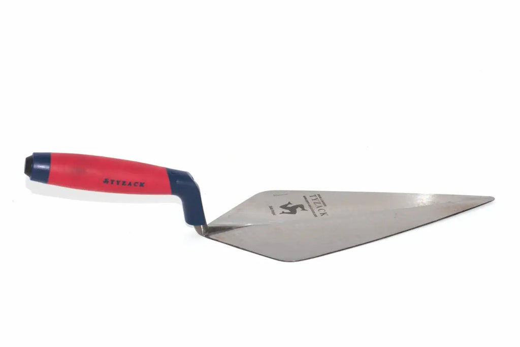 Spear & Jackson Tyzack Brick Trowel with a textured silver metal blade and a red and navy blue ergonomic handle, shown on a plain white background.