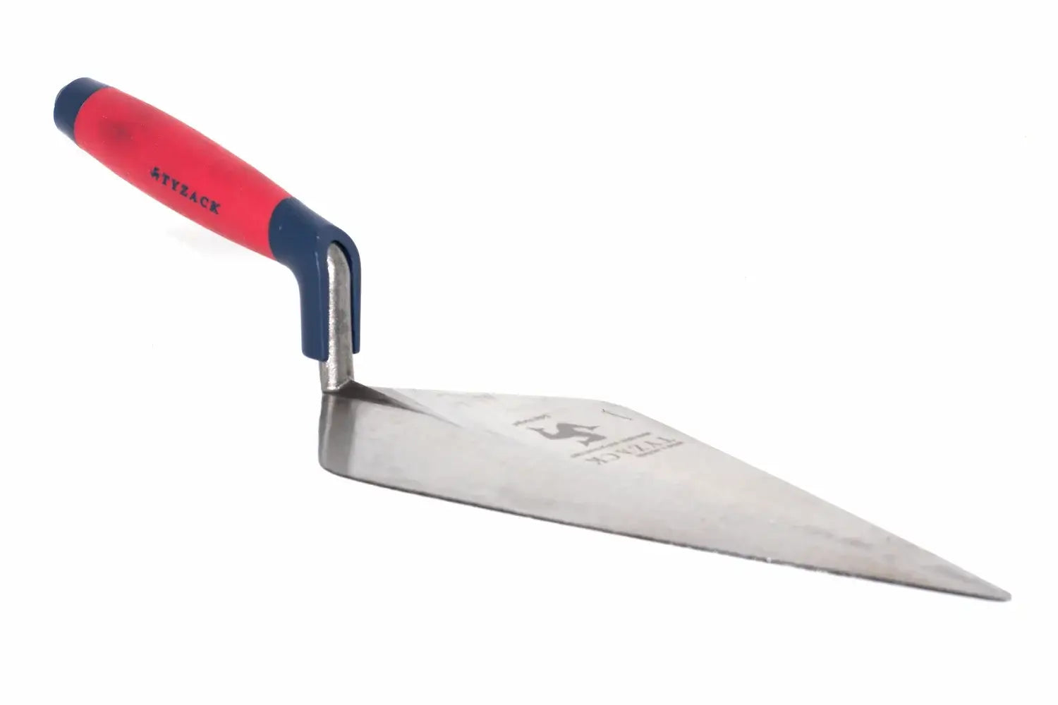 Spear & Jackson Tyzack Brick Trowel - A metal trowel with a red and navy blue ergonomic handle, shown on a plain white background. 