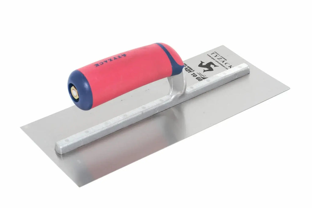 Spear & Jackson Tyzack 11" Trowel branded plastering trowel with a silver metal blade and a red and blue ergonomic handle, shown on a plain white background.