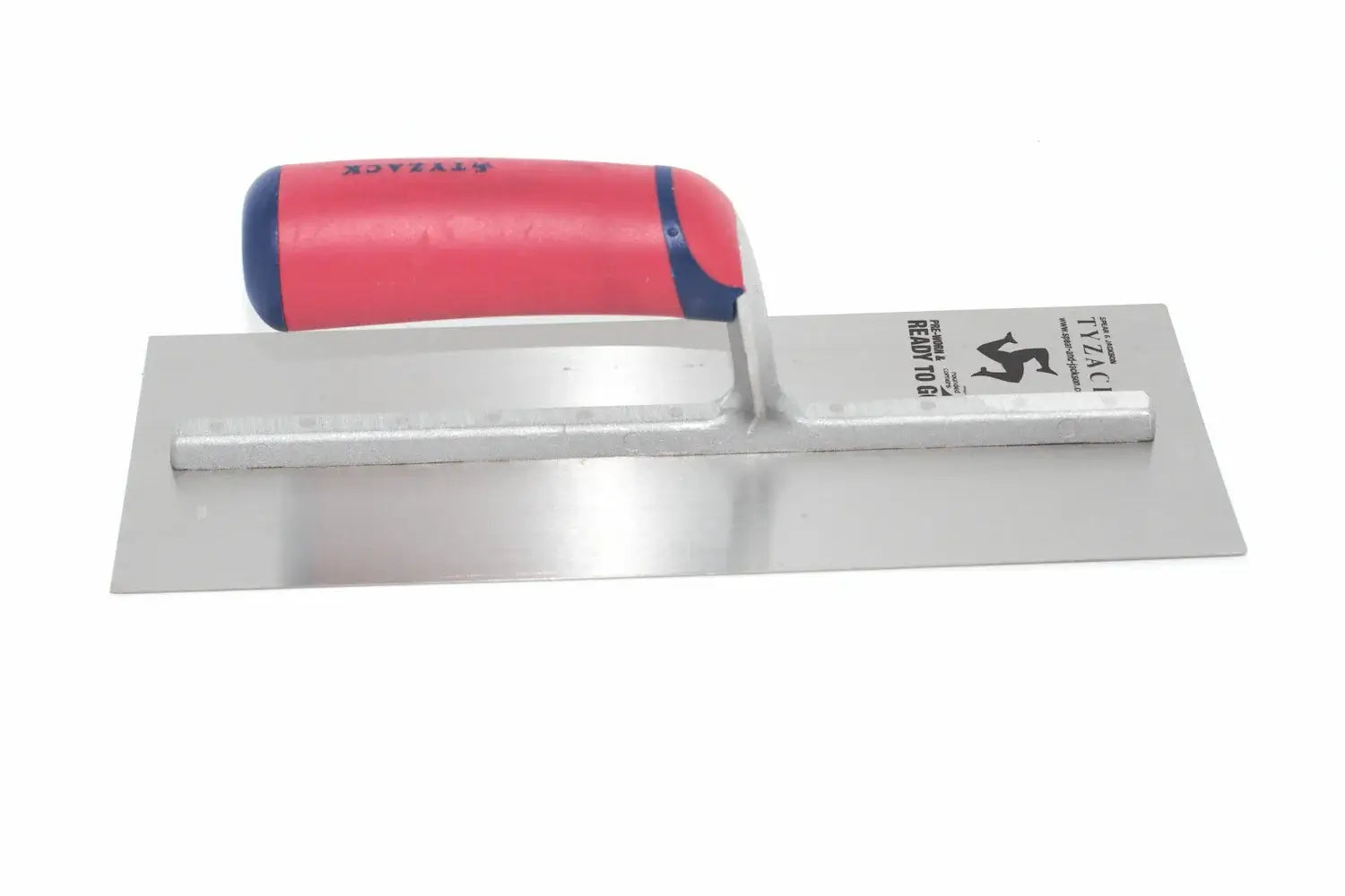 Spear & Jackson Tyzack 11" Trowel.  A flat metal trowel with a red and blue rubber and plastic handle, shown on a plain white background. The brand name  is visible on the handle and the blade.
