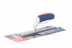 Spear & Jackson plastering trowel with a blue and red soft grip handle and a silver metal blade, shown on its retail cardboard packaging against a white background.