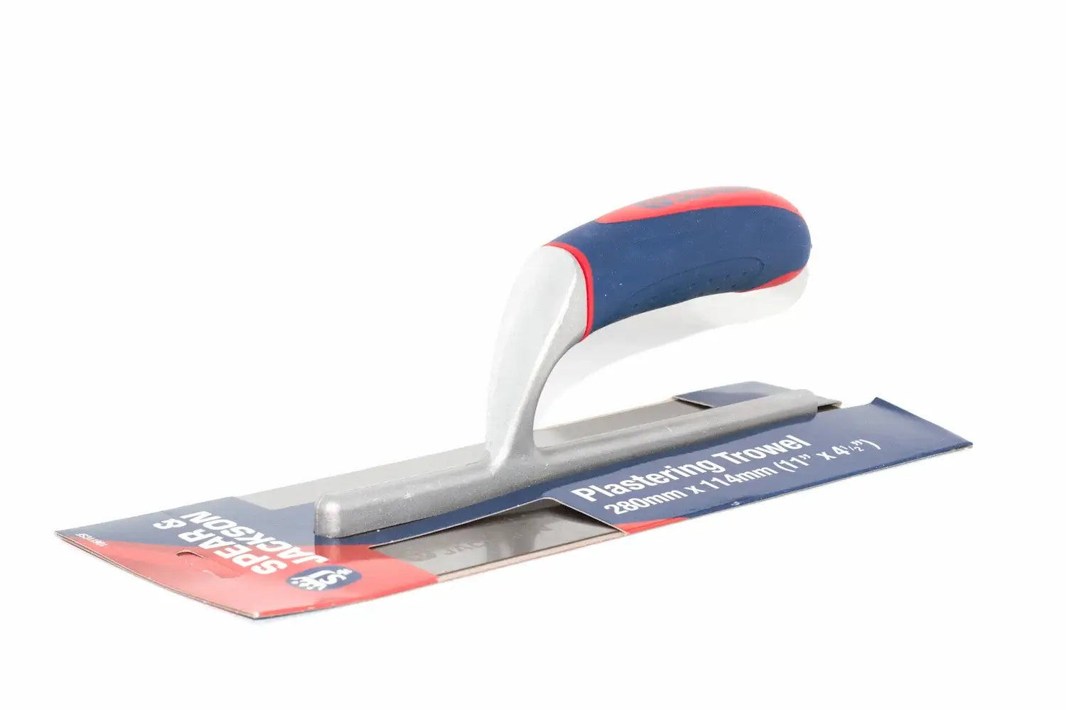 Spear & Jackson plastering trowel with a blue and red soft grip handle and a silver metal blade, shown on its retail cardboard packaging against a white background.