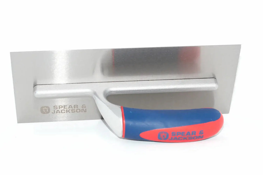 Spear & Jackson plastering trowel with a blue and red Spear & Jackson handle, shown on a plain white background.