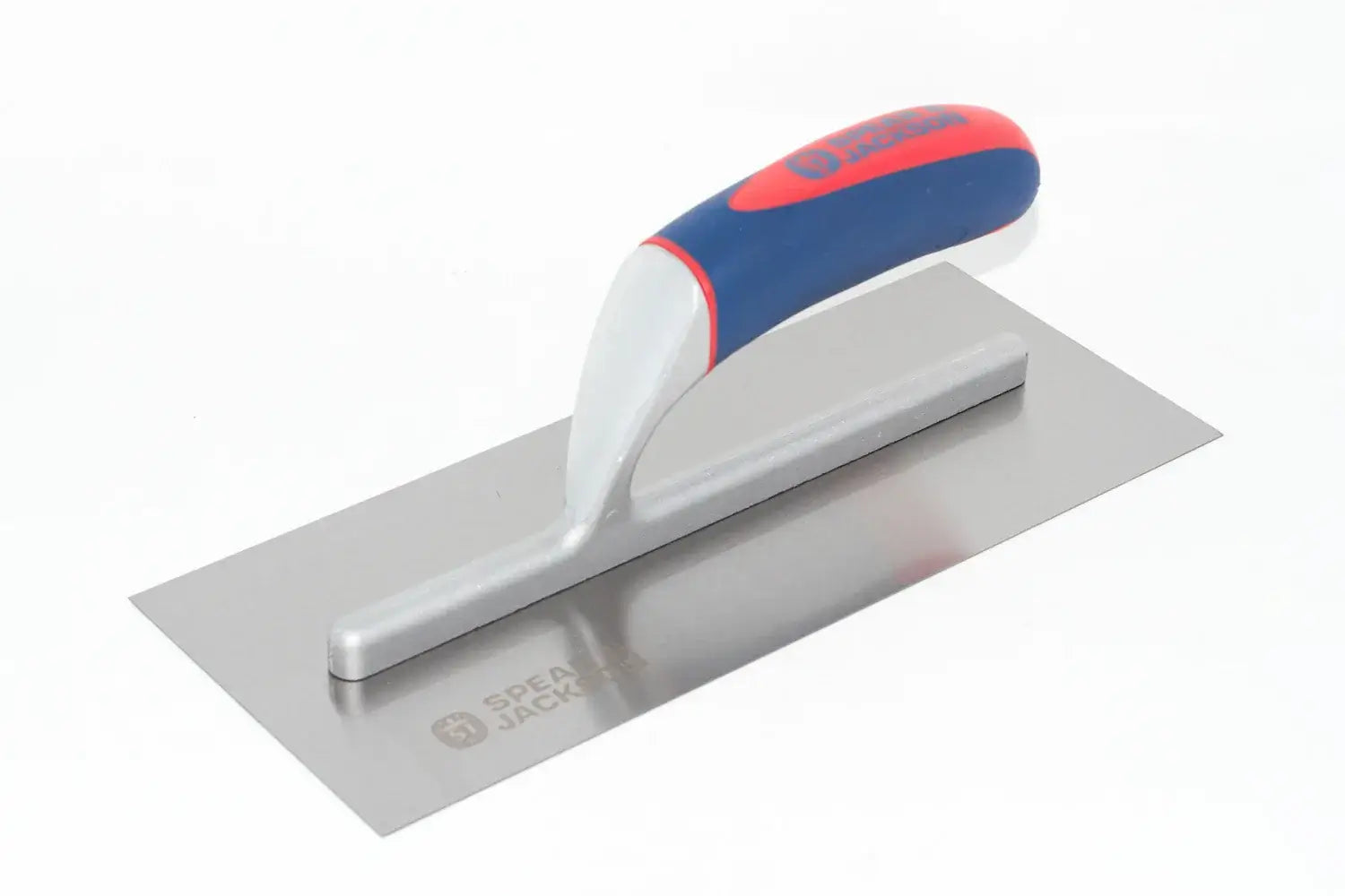Spear & Jackson plastering trowel with a rectangular steel blade and a handle featuring blue, red, and white sections, shown on a plain white background.